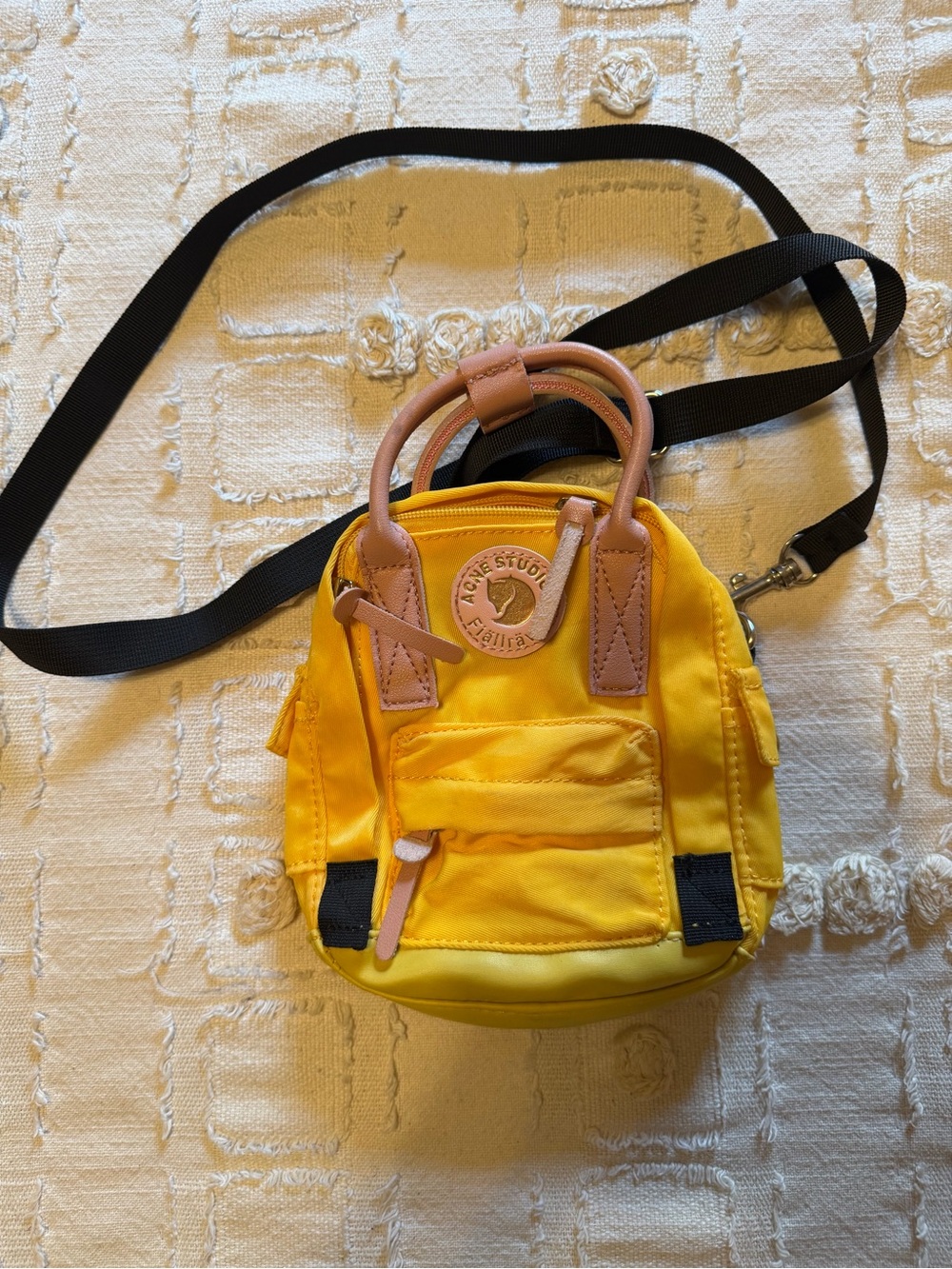 Fjallraven Yellow Mini Backpack Crossbody with Tan Trim